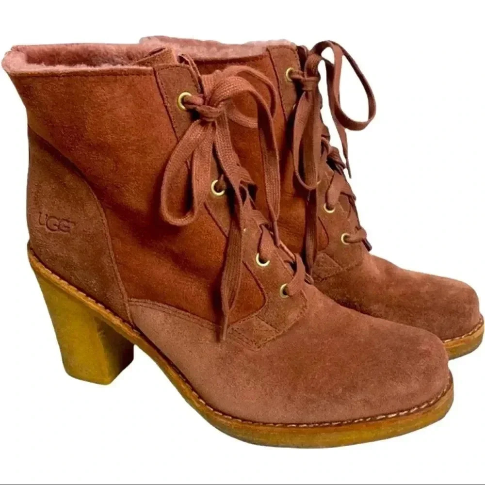Ugg Australia Sophia Cinnamon Suede Leather Lace Up Heeled Ankle Boots
